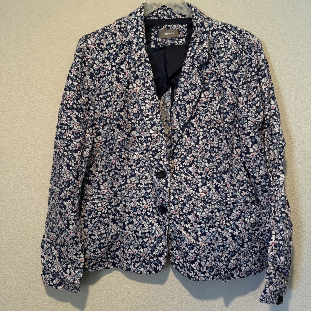 Sussan Womens Navy Blue Ditsy Floral Two Button Blazer Jacket  Linen